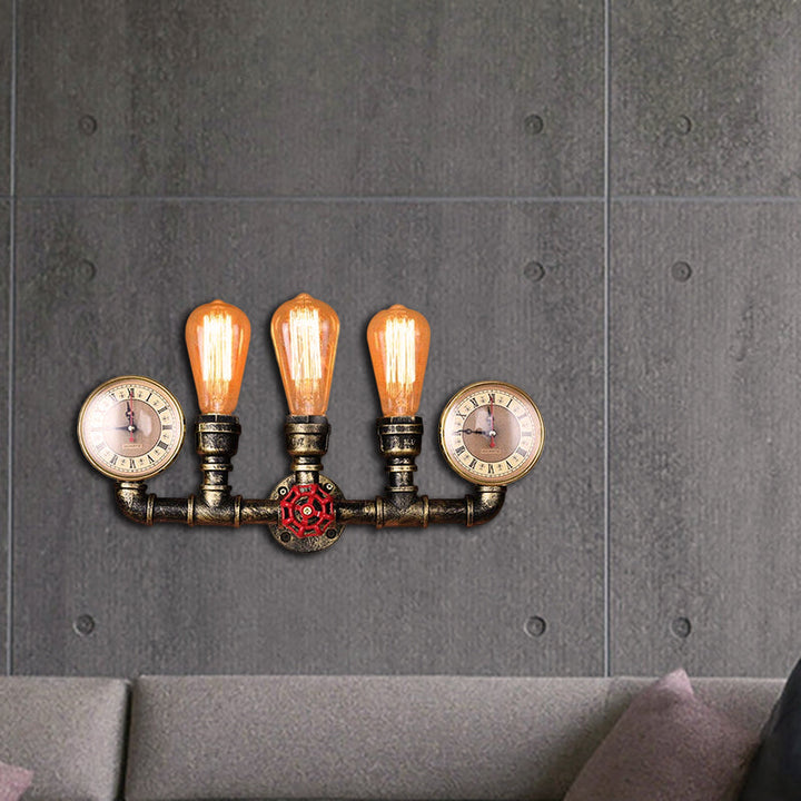 Lisslune | Antique Brass Pipe Wall Lamp Rustic Stylish 3 Heads Wrought Iron Wall Lamp Fixture with Manometer and Valve Deco