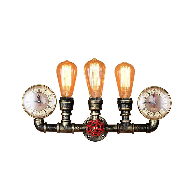 Lisslune | Antique Brass Pipe Wall Lamp Rustic Stylish 3 Heads Wrought Iron Wall Lamp Fixture with Manometer and Valve Deco