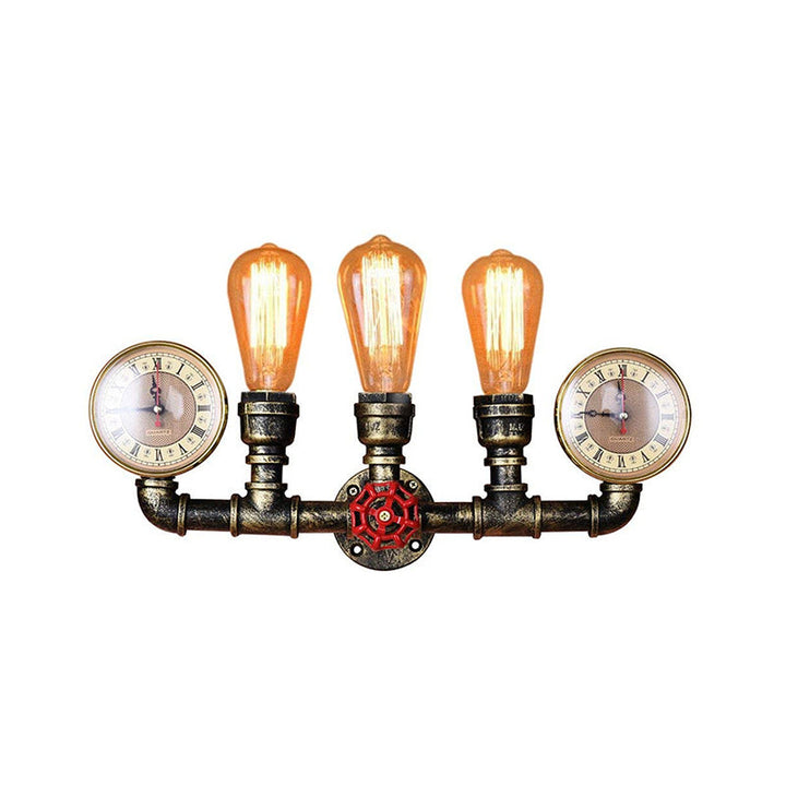 Lisslune | Antique Brass Pipe Wall Lamp Rustic Stylish 3 Heads Wrought Iron Wall Lamp Fixture with Manometer and Valve Deco