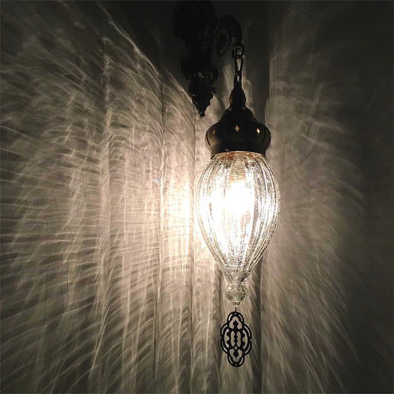 Skørter | Traditional Drop Wall Lamp Black/White/Light Blue Glass 1 Head Wall Mounted Lamp with Engraved Metal Arm