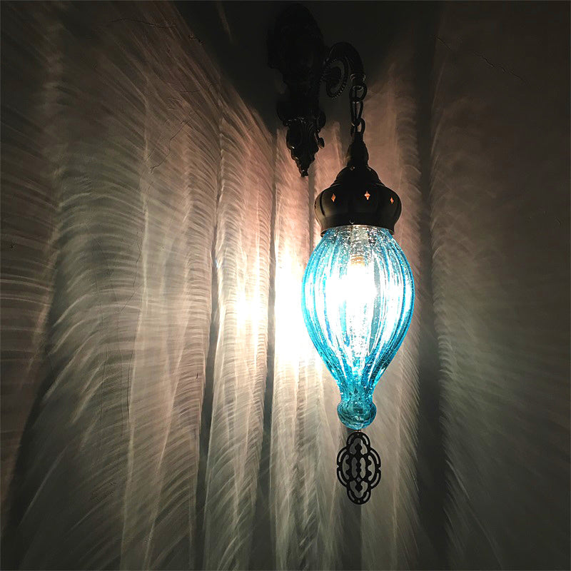 Skørter | Traditional Drop Wall Lamp Black/White/Light Blue Glass 1 Head Wall Mounted Lamp with Engraved Metal Arm
