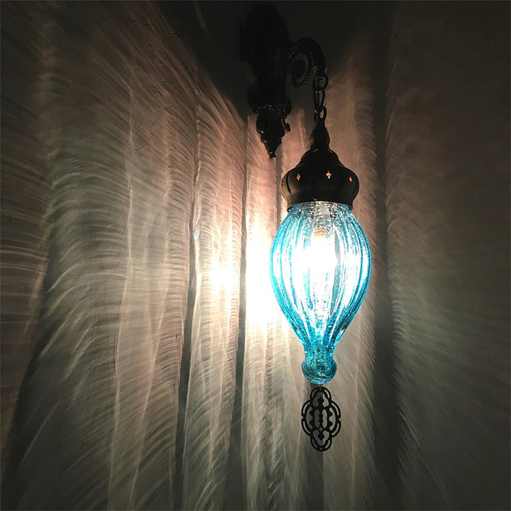 Skørter | Traditional Drop Wall Lamp Black/White/Light Blue Glass 1 Head Wall Mounted Lamp with Engraved Metal Arm