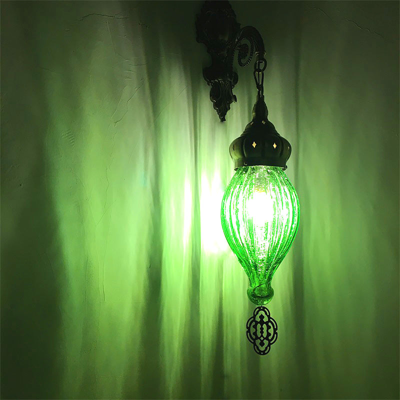 Skørter | Traditional Drop Wall Lamp Black/White/Light Blue Glass 1 Head Wall Mounted Lamp with Engraved Metal Arm