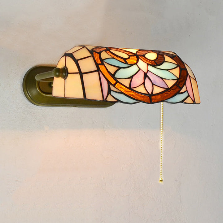 Lisslune | Tiffany Banker Wall Lamp with/without pull cord Etched glass 1 light Wall mounting fixture with flower pattern in beige