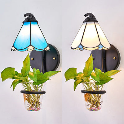 Lisslune | 1 Heads Wall Mounted Lamp Tiffany Flower Blue/White Glass Wall Light with Plant Decoration