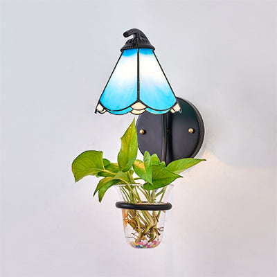 Lisslune | 1 Heads Wall Mounted Lamp Tiffany Flower Blue/White Glass Wall Light with Plant Decoration