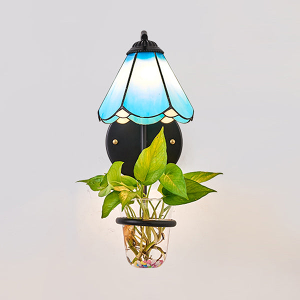 Lisslune | 1 Heads Wall Mounted Lamp Tiffany Flower Blue/White Glass Wall Light with Plant Decoration
