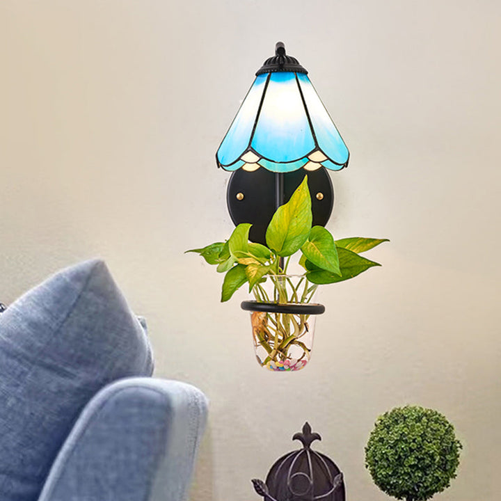 Lisslune | 1 Heads Wall Mounted Lamp Tiffany Flower Blue/White Glass Wall Light with Plant Decoration