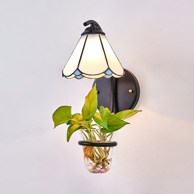 Lisslune | 1 Heads Wall Mounted Lamp Tiffany Flower Blue/White Glass Wall Light with Plant Decoration