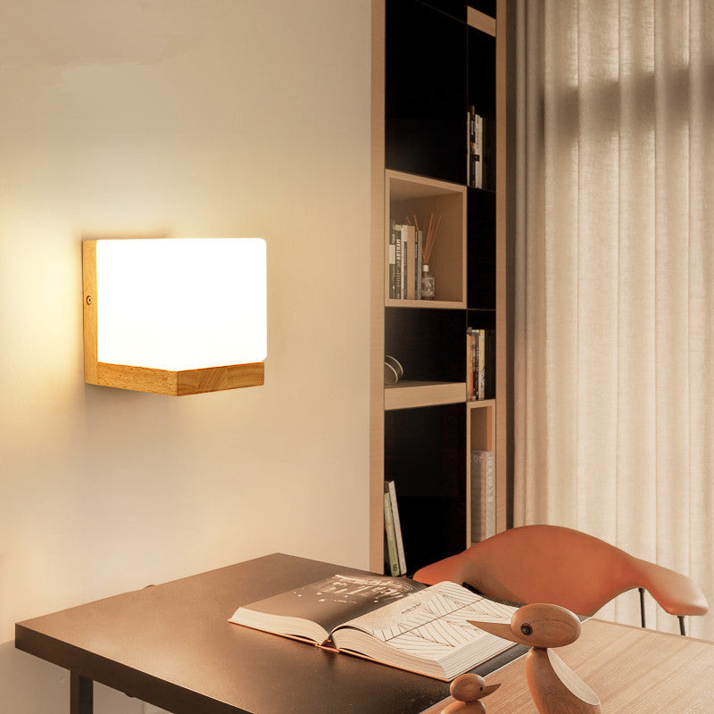 Lisslune | Modern Style Nordic Solid Wood Wall Light Cube Shape LED Wall Mounted Lamp for Bedroom