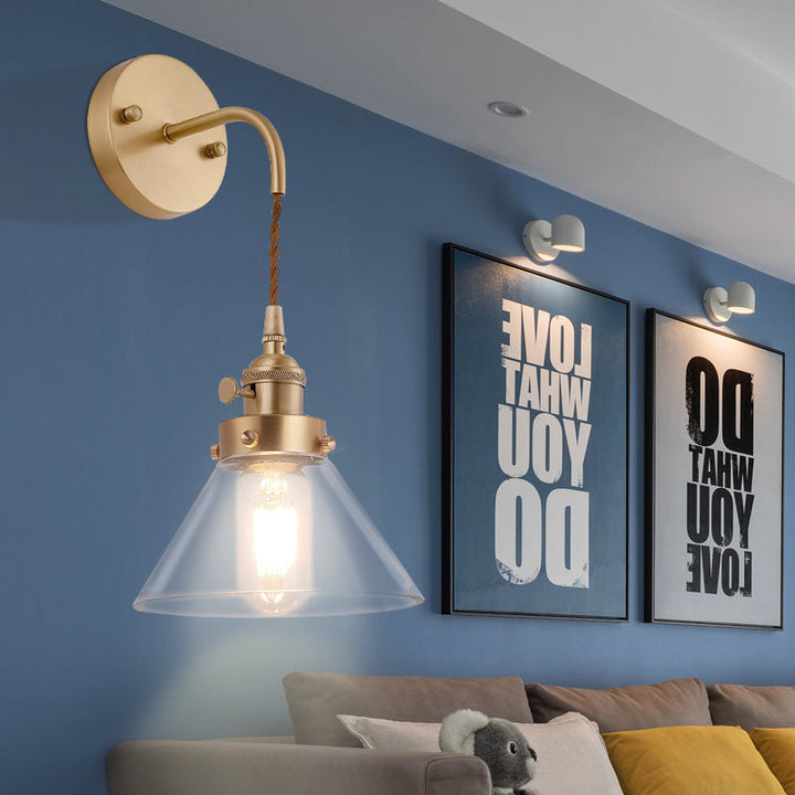 Lisslune | Clear Conical Glass Shade Wall Lamp Vintage Retro 1 Light Wall Lamp Wall Light in Brass
