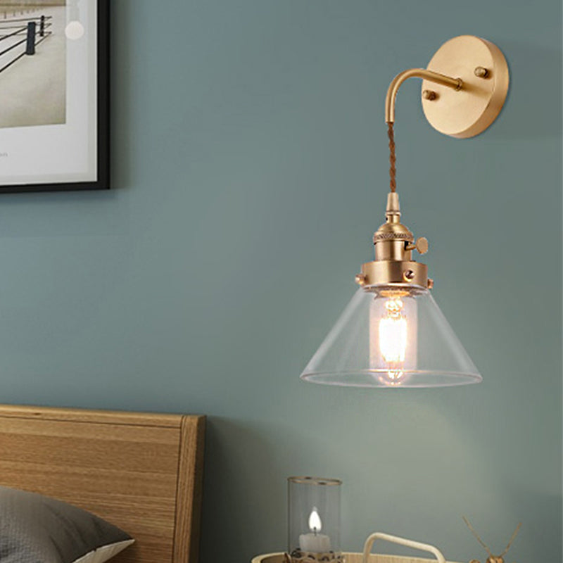 Lisslune | Clear Conical Glass Shade Wall Lamp Vintage Retro 1 Light Wall Lamp Wall Light in Brass