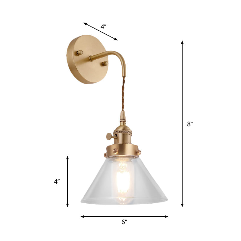 Lisslune | Clear Conical Glass Shade Wall Lamp Vintage Retro 1 Light Wall Lamp Wall Light in Brass