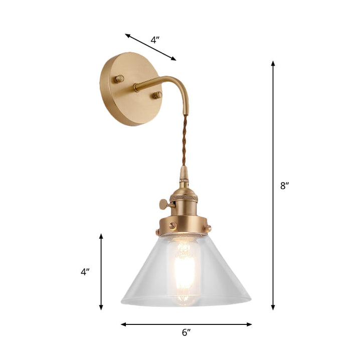 Lisslune | Clear Conical Glass Shade Wall Lamp Vintage Retro 1 Light Wall Lamp Wall Light in Brass