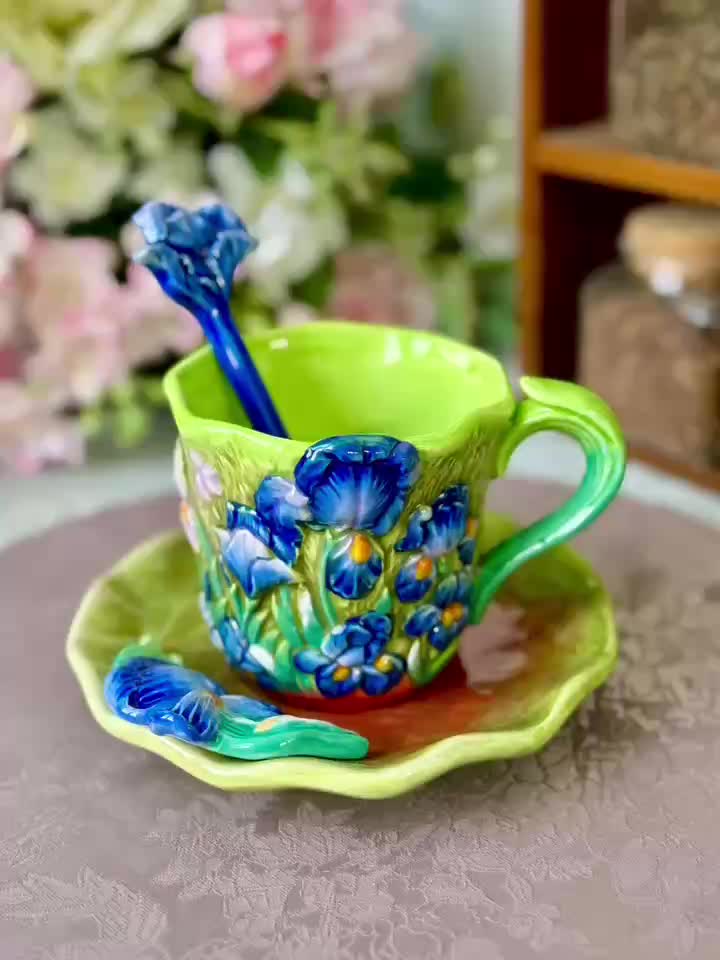 Lisslune | ArtSip Ceramic Cup & Saucer Set – Hand-painted 3D Design inspired by Van Gogh