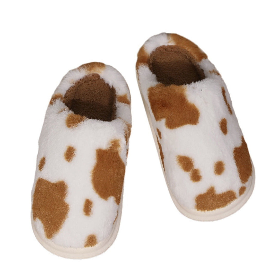 Lisslune | Shady Cow Print Plush Slippers for Couples - Cozy Anti-Slip Soft Home Shoes for Winter