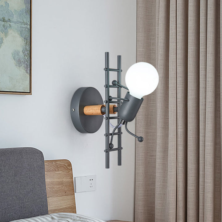 Skørter | Cartoon Bare Bulb Wall Lamp Fixtures Metal Gray/White/Green 1 Head Indoor Wall Mount Light with Small People Decoration