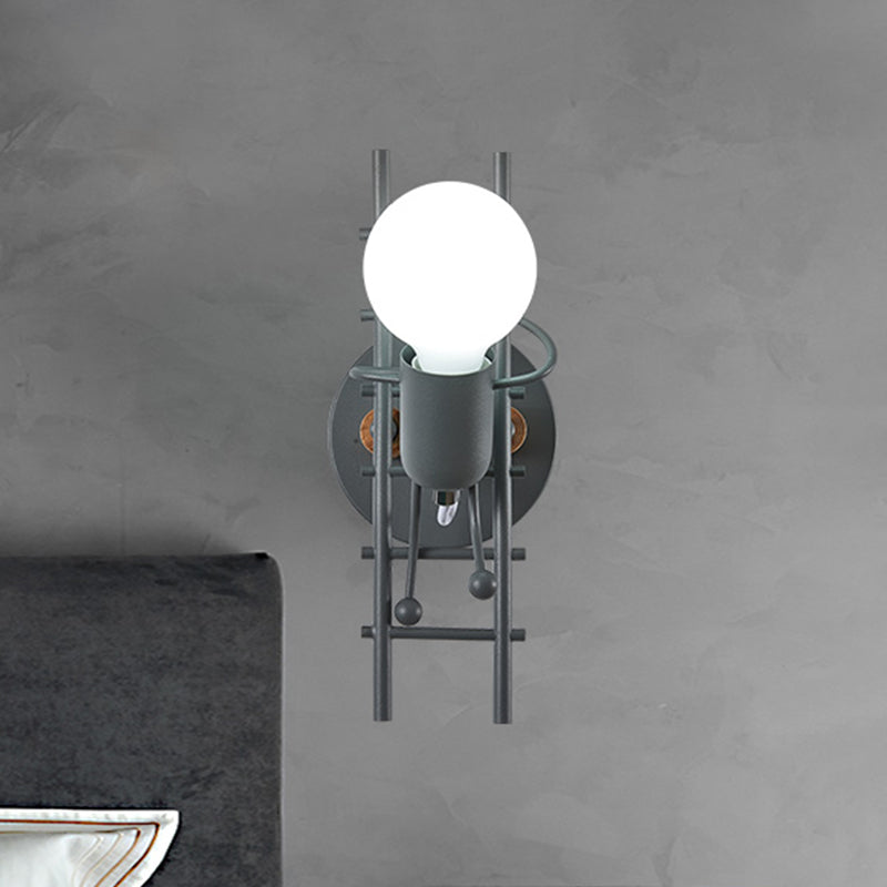 Skørter | Cartoon Bare Bulb Wall Lamp Fixtures Metal Gray/White/Green 1 Head Indoor Wall Mount Light with Small People Decoration