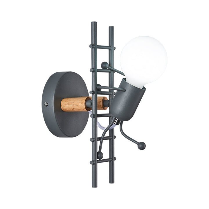 Skørter | Cartoon Bare Bulb Wall Lamp Fixtures Metal Gray/White/Green 1 Head Indoor Wall Mount Light with Small People Decoration