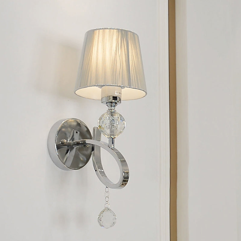 Lisslune | Cone Shadow Bedroom Wall Light Fixture Fabric 1 Head Modernism Style Silver Wall Light with Clear Crystal Ball Deco