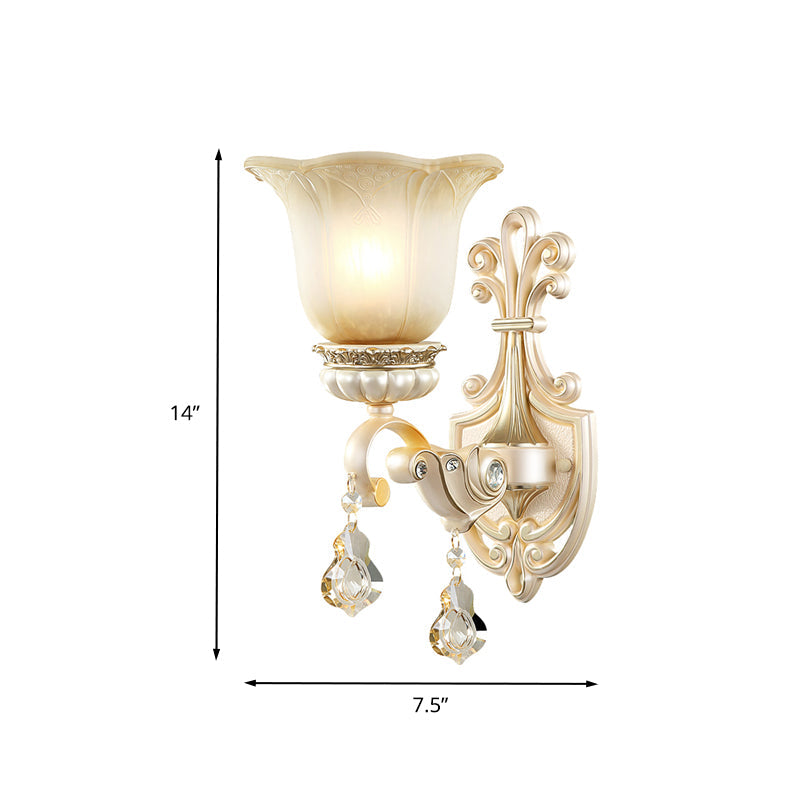 Skørter | Flowers White Glass Wall Mounted Light Traditional 1/2 Lights Hall Wall Lamp with Crystal Drops