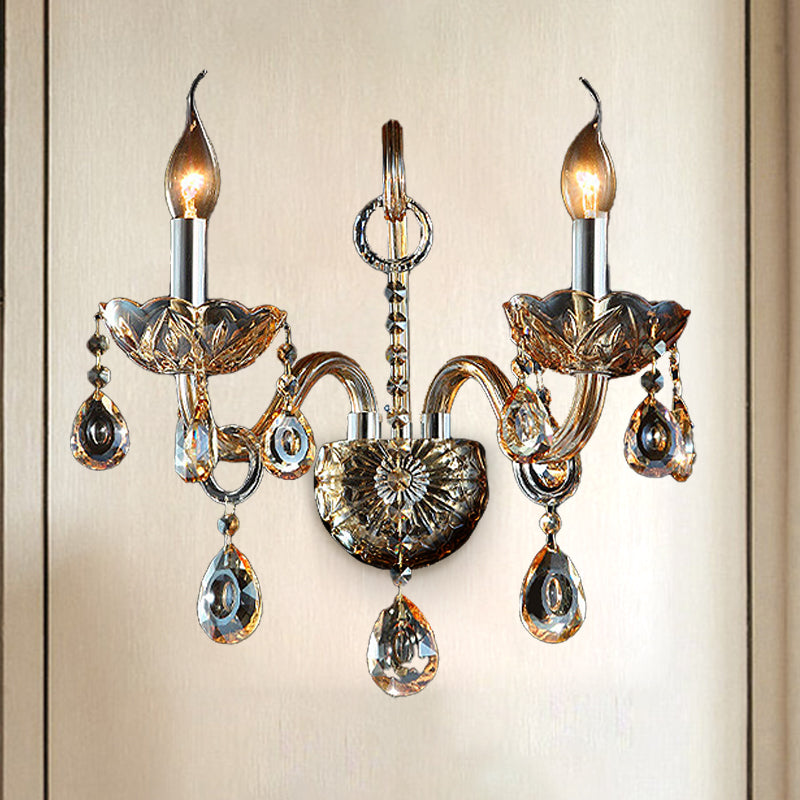 Lisslune | Amber Glass Candle Holder Light Modernism 1/2 Heads Bedroom Wall Light Lamp with Crystal Drop Accent