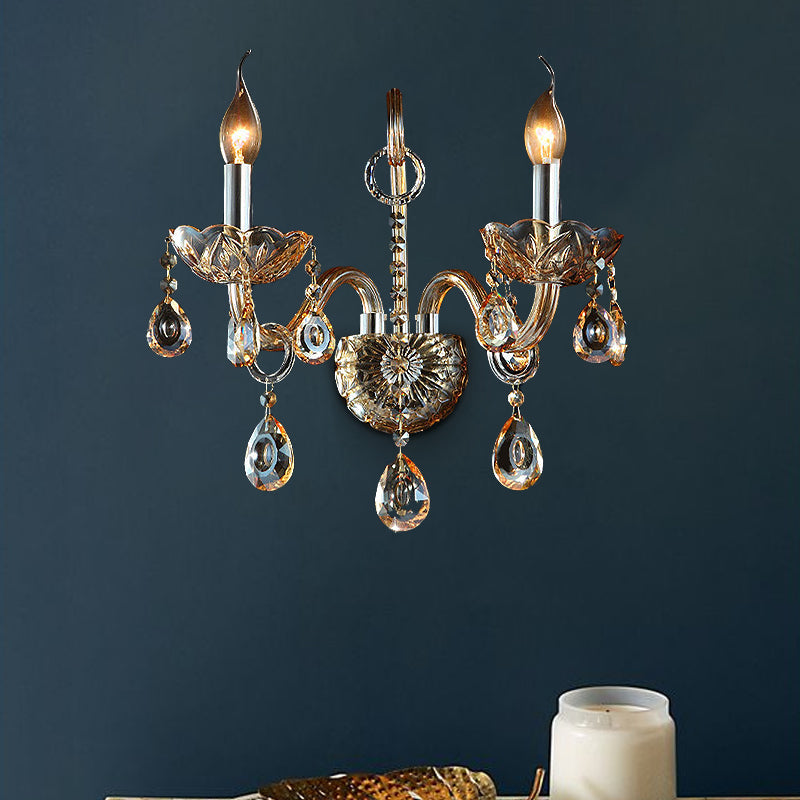Lisslune | Amber Glass Candle Holder Light Modernism 1/2 Heads Bedroom Wall Light Lamp with Crystal Drop Accent