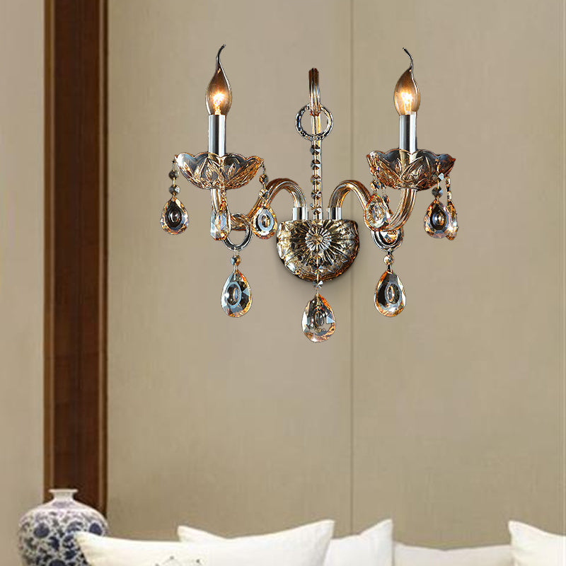 Lisslune | Amber Glass Candle Holder Light Modernism 1/2 Heads Bedroom Wall Light Lamp with Crystal Drop Accent