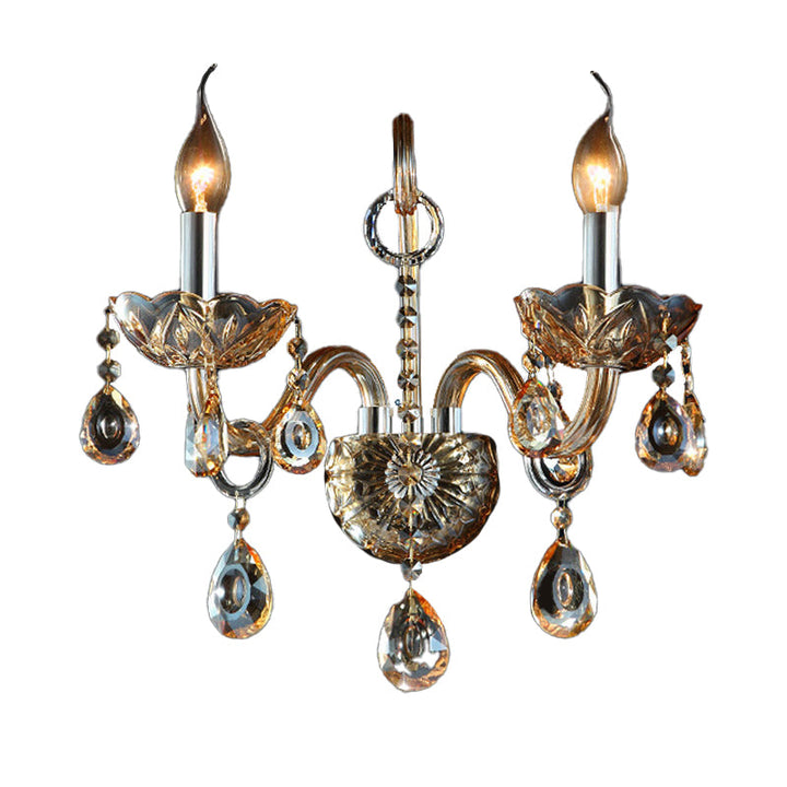 Lisslune | Amber Glass Candle Holder Light Modernism 1/2 Heads Bedroom Wall Light Lamp with Crystal Drop Accent