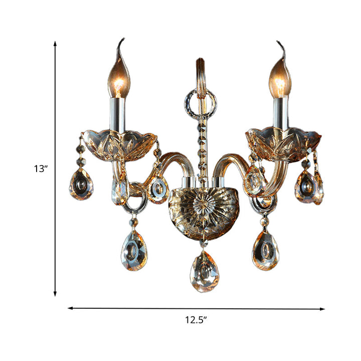 Lisslune | Amber Glass Candle Holder Light Modernism 1/2 Heads Bedroom Wall Light Lamp with Crystal Drop Accent