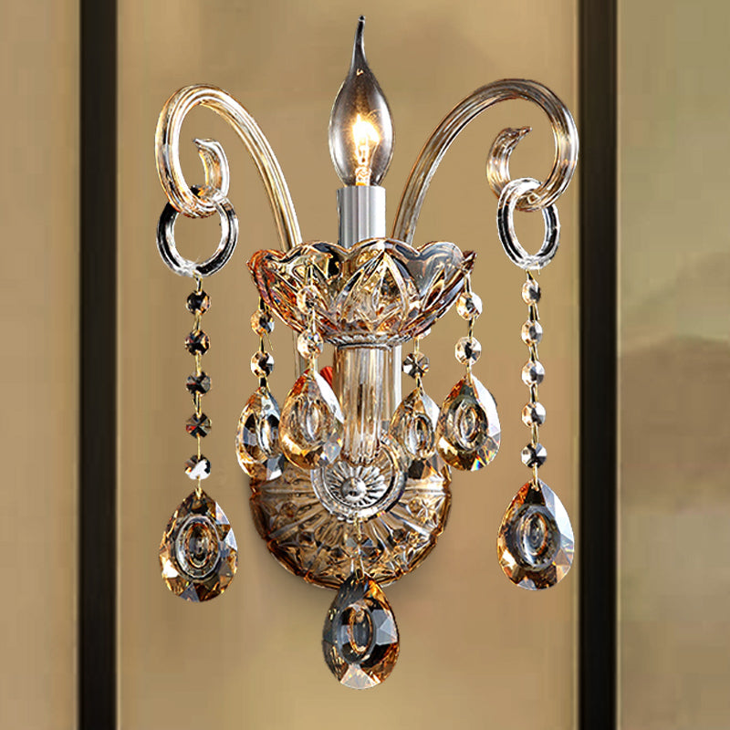 Lisslune | Amber Glass Candle Holder Light Modernism 1/2 Heads Bedroom Wall Light Lamp with Crystal Drop Accent