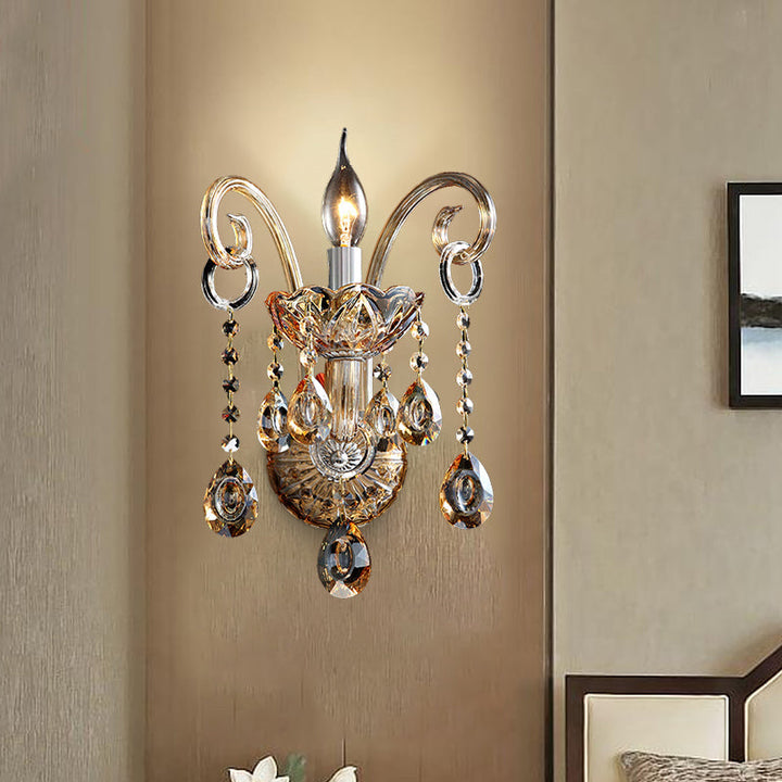 Lisslune | Amber Glass Candle Holder Light Modernism 1/2 Heads Bedroom Wall Light Lamp with Crystal Drop Accent