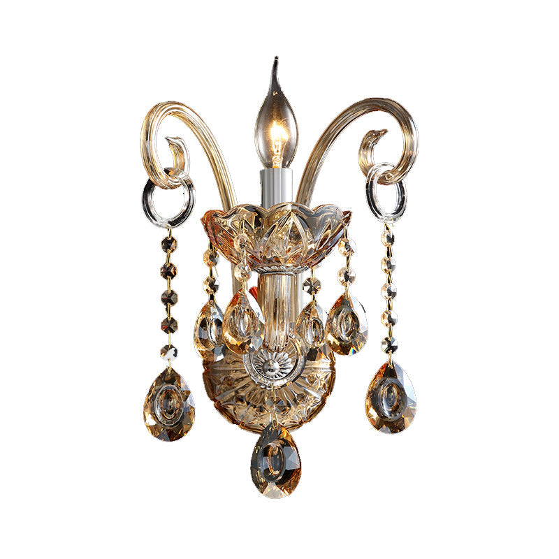 Lisslune | Amber Glass Candle Holder Light Modernism 1/2 Heads Bedroom Wall Light Lamp with Crystal Drop Accent