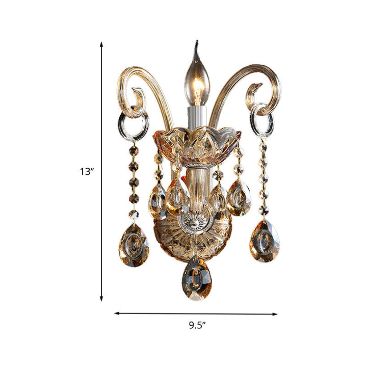 Lisslune | Amber Glass Candle Holder Light Modernism 1/2 Heads Bedroom Wall Light Lamp with Crystal Drop Accent