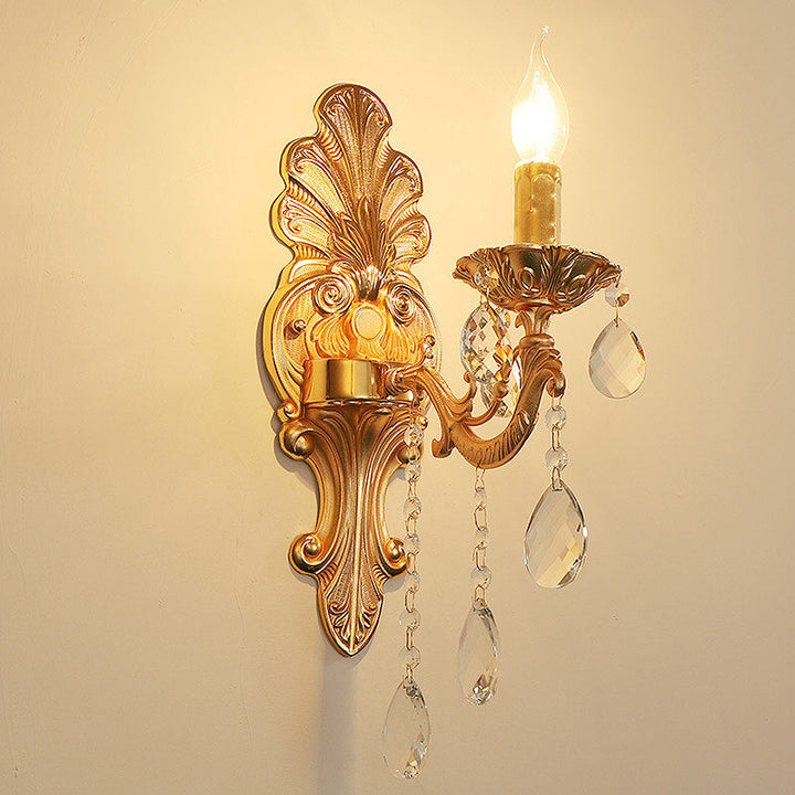 Lisslune | Candle Holder Wall Lamp Postmodern Metal 1/2 Heads Living Room Sconce Lamp in Brass with Crystal Drop Accent
