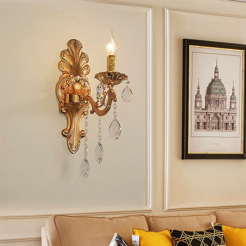 Lisslune | Candle Holder Wall Lamp Postmodern Metal 1/2 Heads Living Room Sconce Lamp in Brass with Crystal Drop Accent