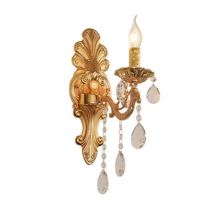 Lisslune | Candle Holder Wall Lamp Postmodern Metal 1/2 Heads Living Room Sconce Lamp in Brass with Crystal Drop Accent