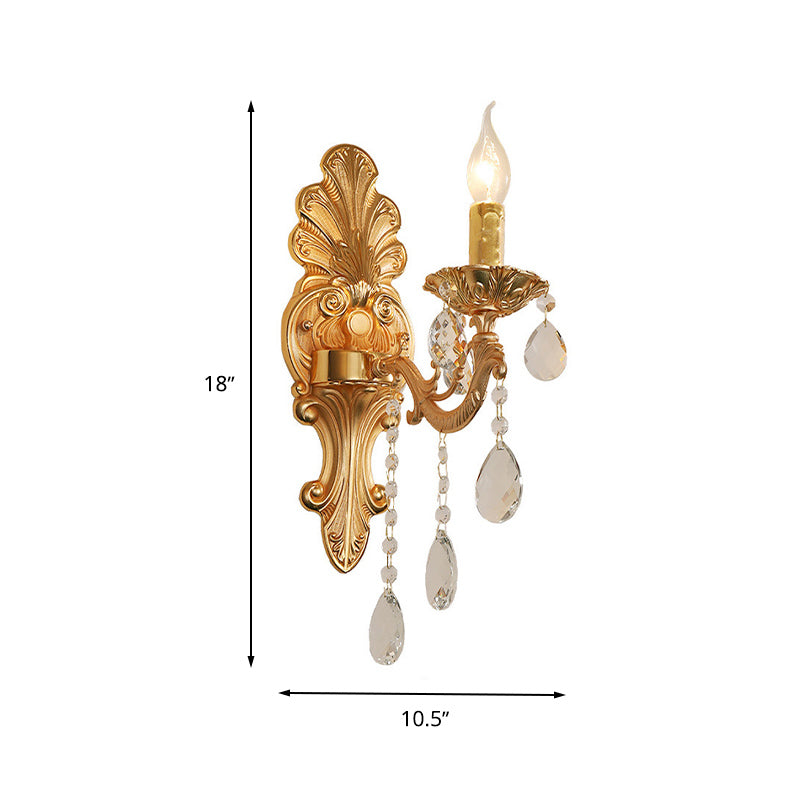 Lisslune | Candle Holder Wall Lamp Postmodern Metal 1/2 Heads Living Room Sconce Lamp in Brass with Crystal Drop Accent