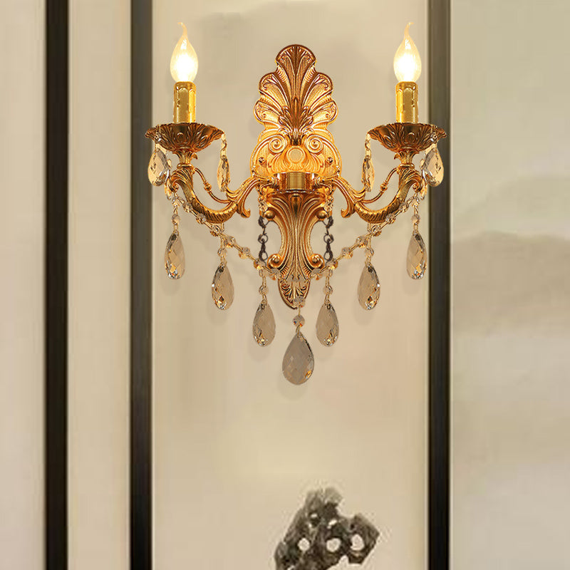 Lisslune | Candle Holder Wall Lamp Postmodern Metal 1/2 Heads Living Room Sconce Lamp in Brass with Crystal Drop Accent