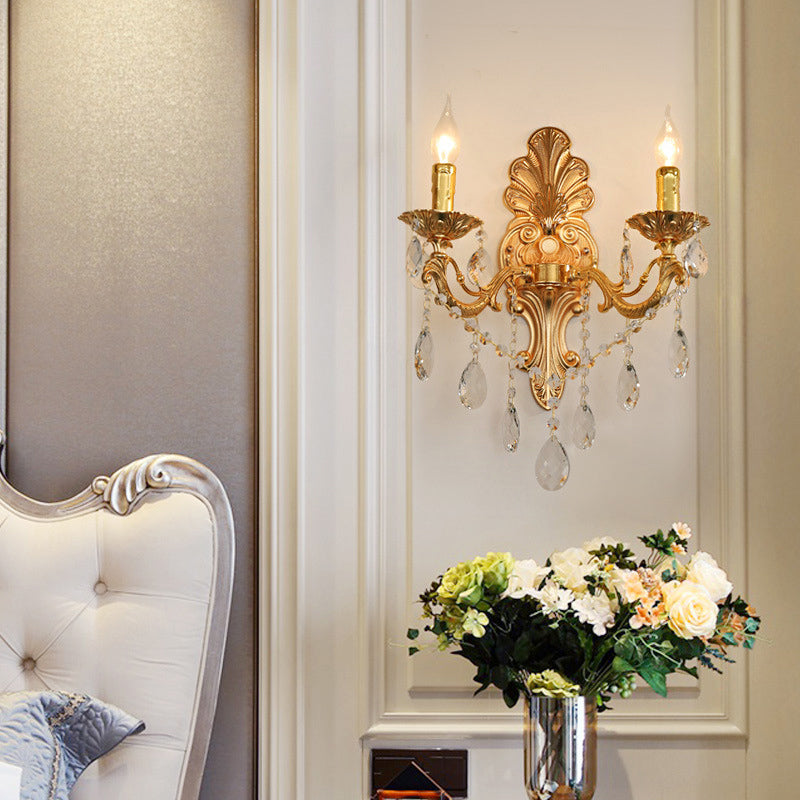 Lisslune | Candle Holder Wall Lamp Postmodern Metal 1/2 Heads Living Room Sconce Lamp in Brass with Crystal Drop Accent