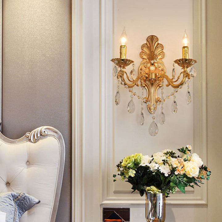 Lisslune | Candle Holder Wall Lamp Postmodern Metal 1/2 Heads Living Room Sconce Lamp in Brass with Crystal Drop Accent