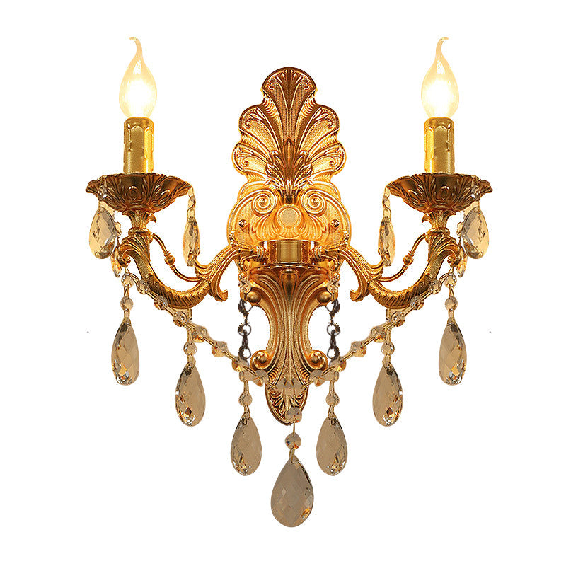 Lisslune | Candle Holder Wall Lamp Postmodern Metal 1/2 Heads Living Room Sconce Lamp in Brass with Crystal Drop Accent