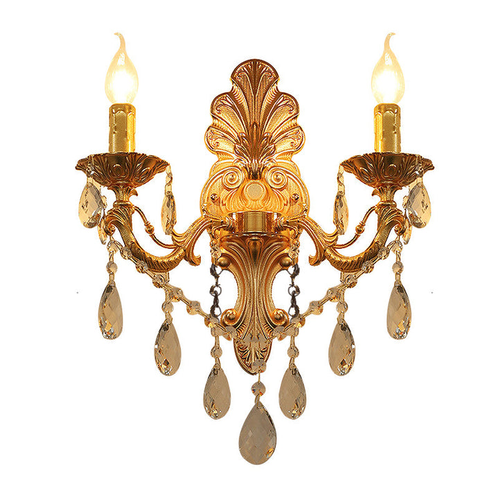 Lisslune | Candle Holder Wall Lamp Postmodern Metal 1/2 Heads Living Room Sconce Lamp in Brass with Crystal Drop Accent