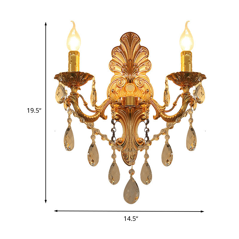 Lisslune | Candle Holder Wall Lamp Postmodern Metal 1/2 Heads Living Room Sconce Lamp in Brass with Crystal Drop Accent