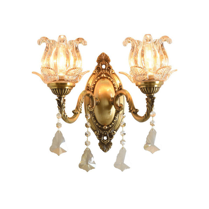 Lisslune | Clear Glass Flower Wall Mounted Light Modern 1/2 Heads Brass Wall Light with Crystal Drops
