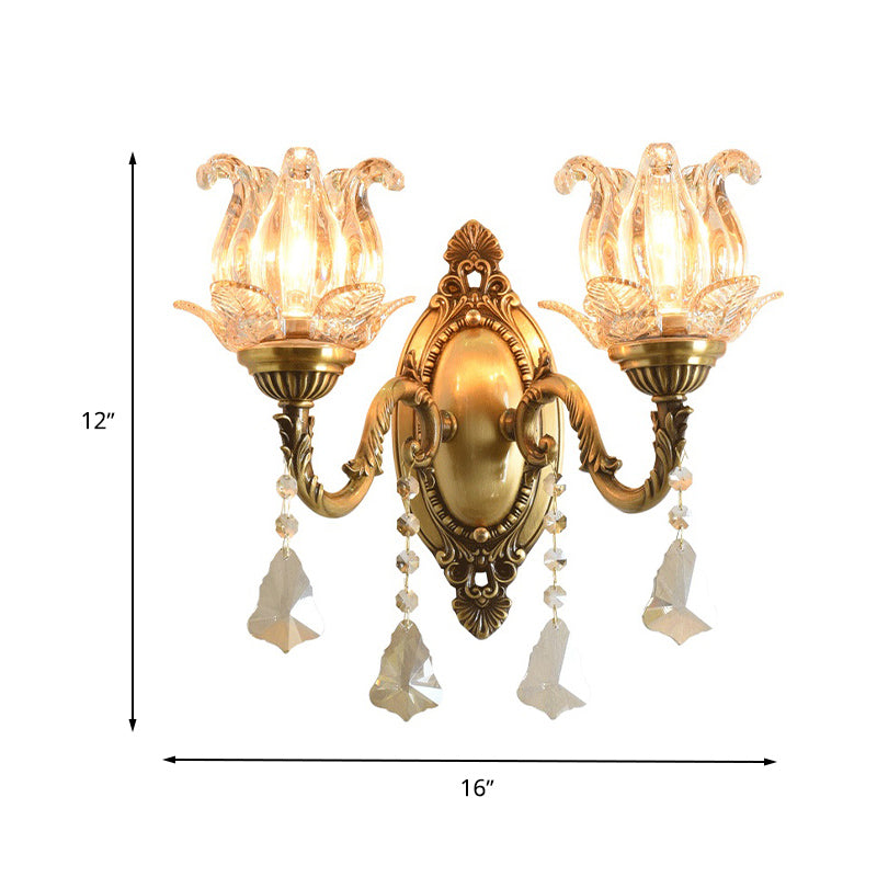 Lisslune | Clear Glass Flower Wall Mounted Light Modern 1/2 Heads Brass Wall Light with Crystal Drops