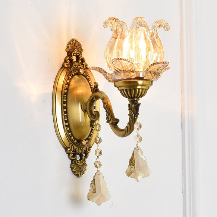 Lisslune | Clear Glass Flower Wall Mounted Light Modern 1/2 Heads Brass Wall Light with Crystal Drops