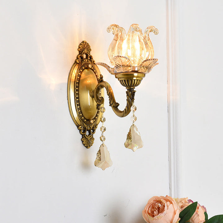 Lisslune | Clear Glass Flower Wall Mounted Light Modern 1/2 Heads Brass Wall Light with Crystal Drops