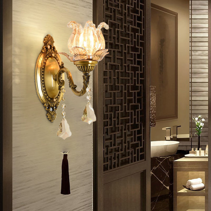 Lisslune | Clear Glass Flower Wall Mounted Light Modern 1/2 Heads Brass Wall Light with Crystal Drops