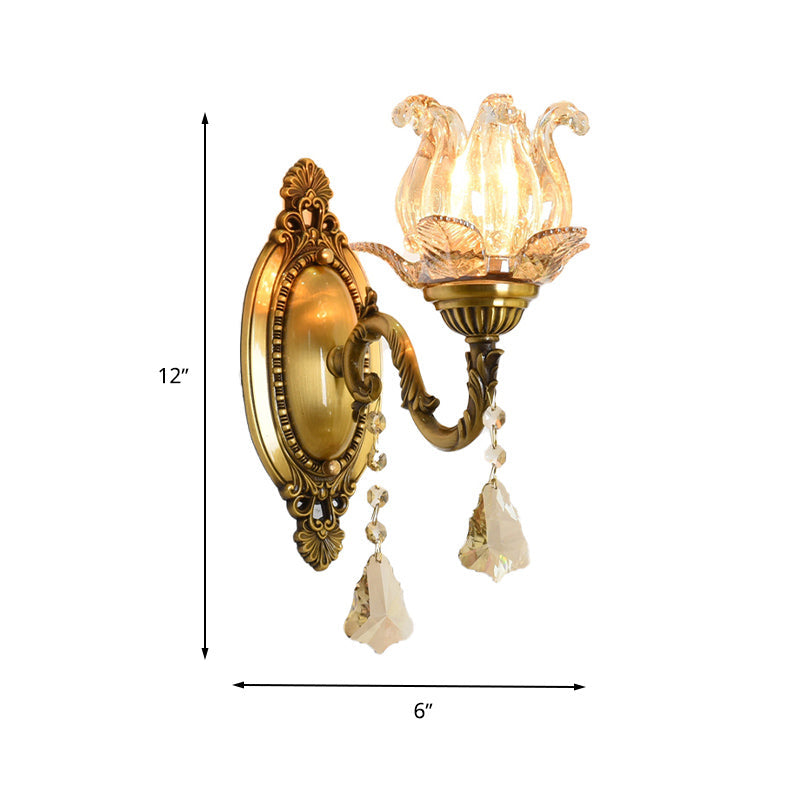 Lisslune | Clear Glass Flower Wall Mounted Light Modern 1/2 Heads Brass Wall Light with Crystal Drops